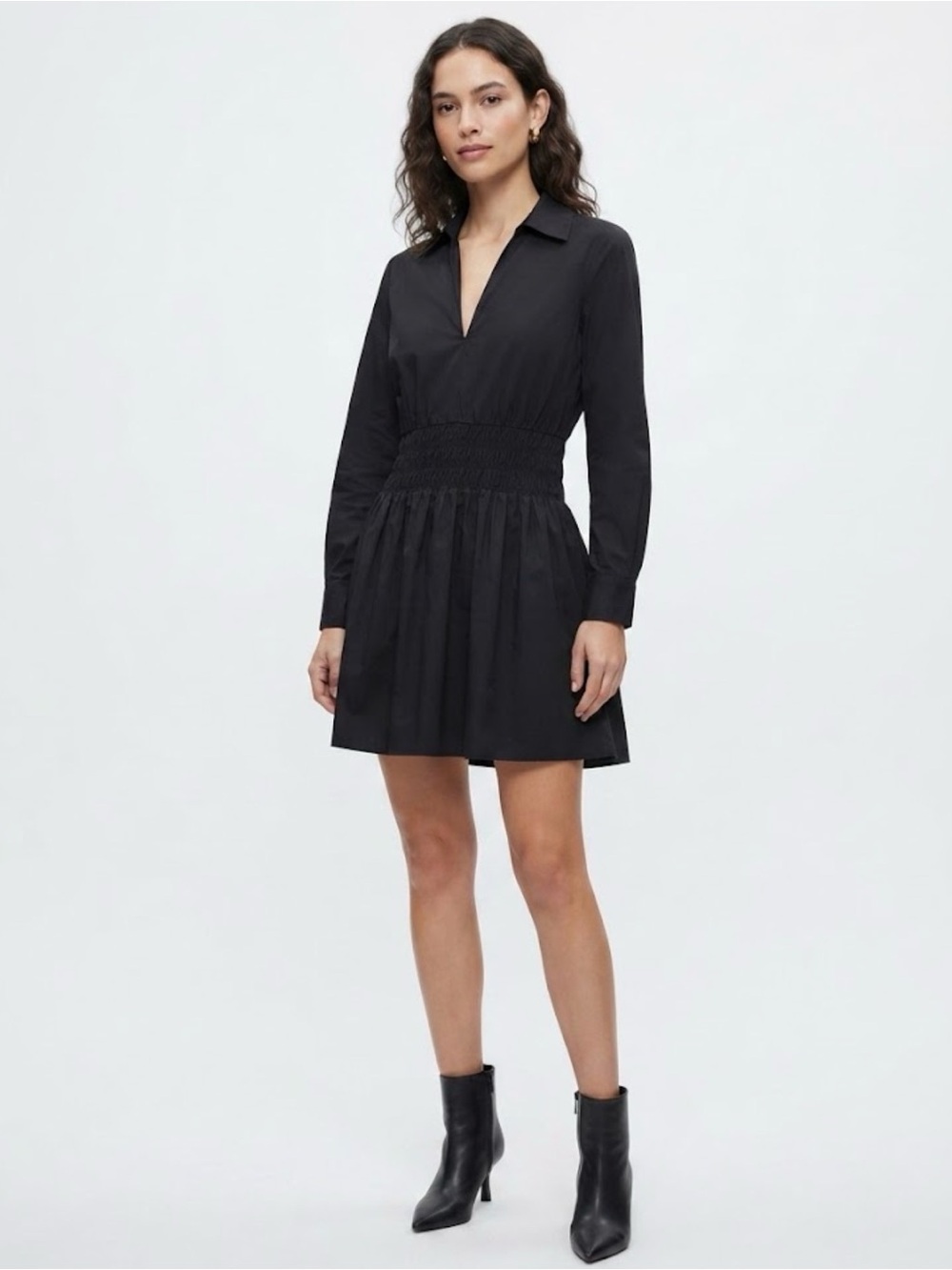 Zara Black Long-Sleeve Smocked-Waist Mini Dress